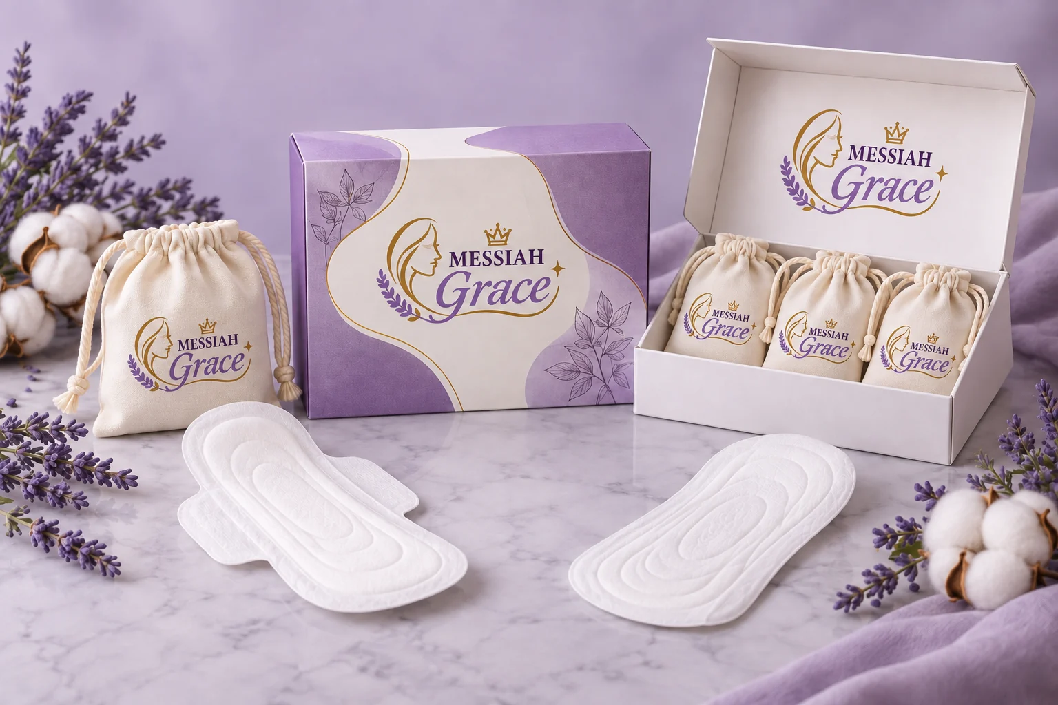 Messiah Grace product collection with purple and cream packaging, potli bags, pads, cotton, and lavender accents
